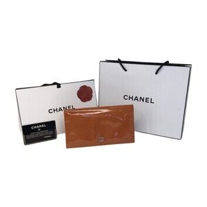 CHANEL Caramel Patent Leather Wallet with Box and Shopping Bag Bundle